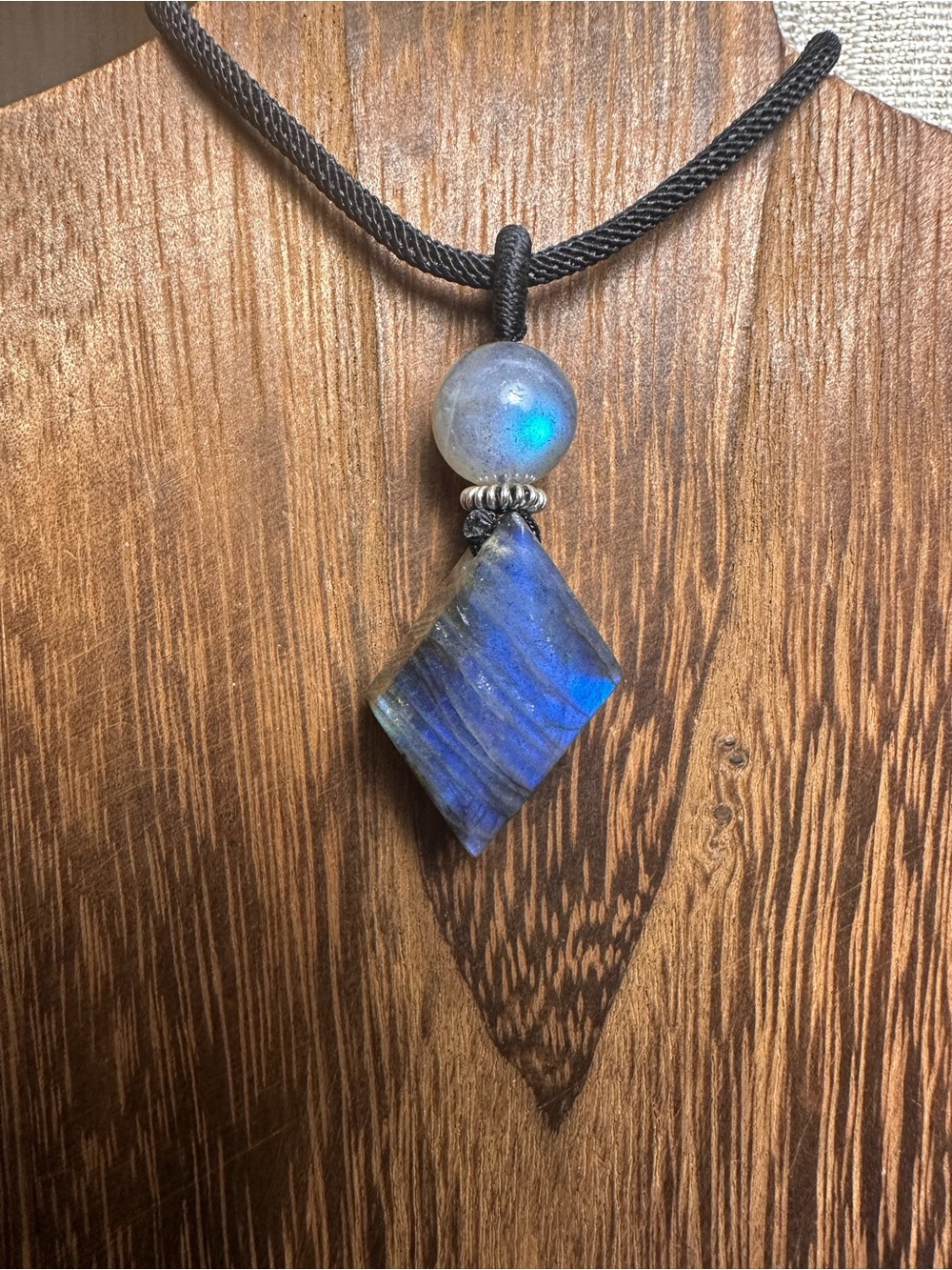 Blue Flash Labradorite Diamond Shaped Pendant Necklace on Rope